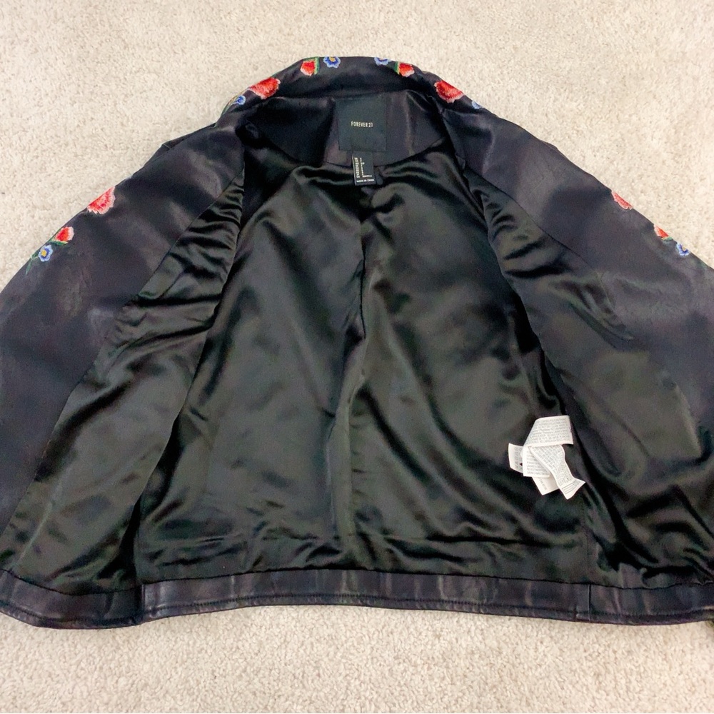 Floral Embroidered Black Faux Leather Biker Jacket - Picture 7 of 10